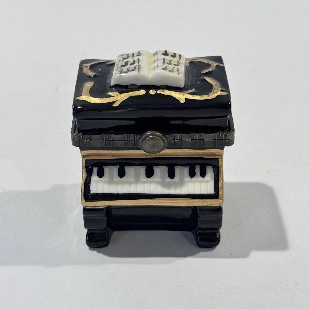 Vintage Miniature Black Piano Ceramic Hinged Lid Trinket Jewelry Keepsake Box